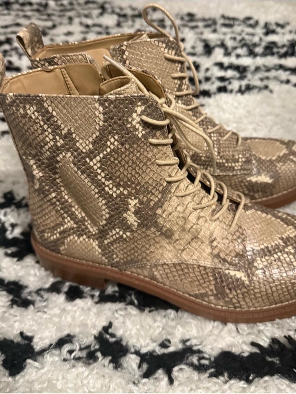 Sam Edelman Beige Snake-Print Lace-Up Ankle Boots